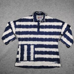 Dema Stripe Long Sleeve Polo Shirt Womens Size S Blue White Drop Shoulder Cotton